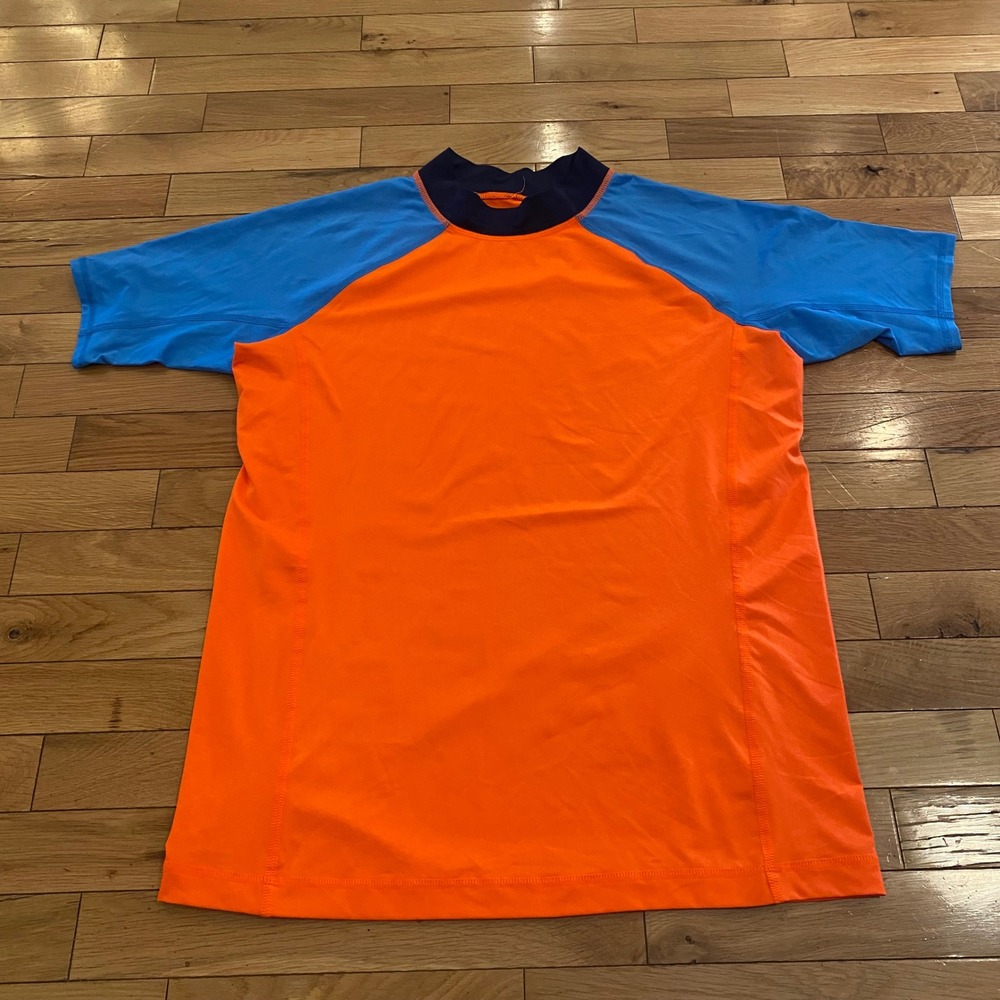 Lands End Mens XXL Orange Blue Short Sleeve Rash Guard Swim Shirt Mock Neck